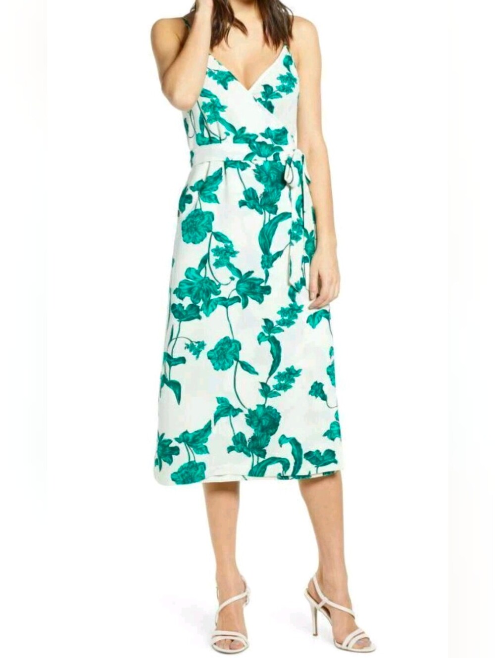 Chelsea28 White Midi Dress with Teal Floral Print and Wrap Self-Tie